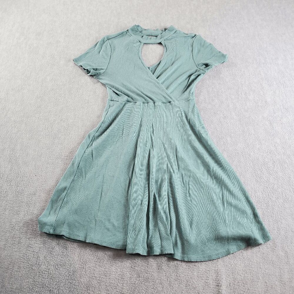 Soprano Dress Womens Medium Green Ribbed Mini Wrap Casual Short Sleeve Mock Neck